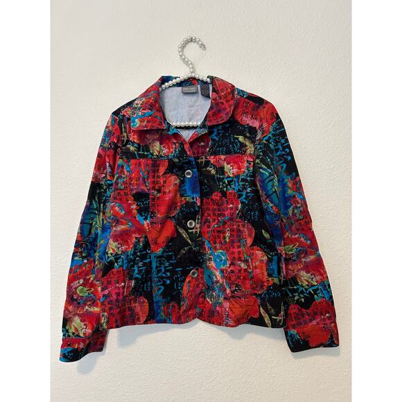 Chicos Additions Size 1 US 8 Asian Floral Jacket Colorful Lightweight Cotton - Picture 1 of 14